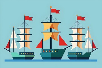 Sailing Ships Illustration Nautical Adventure Sea Voyage Retro Design - obrazy, fototapety, plakaty
