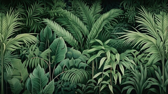 Tropical forest wallpaper of jungle and green leaves. Creative nature design background.