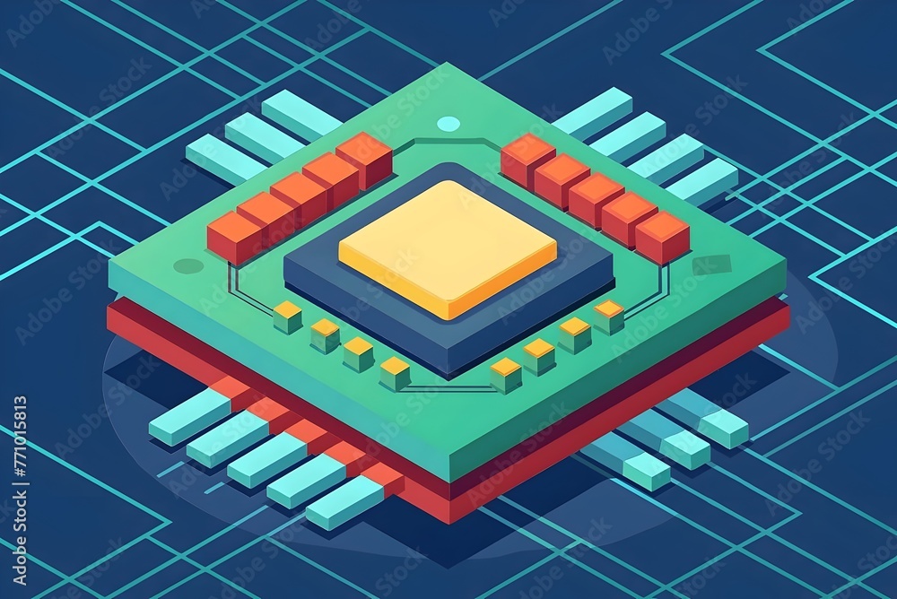 Poster isometric microchip technology circuit board digital processor