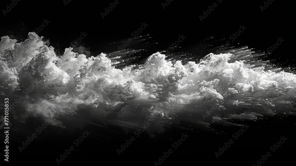 Poster the image shows blurred white water vapour on an isolated black background with copy space. steam fl