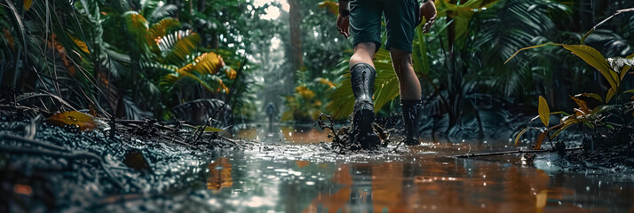 A man walking through mud in the middle of the jungle in rainy weather - Powered by Adobe