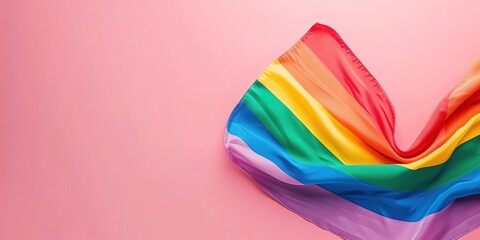 LGTBIQ Colorful Rainbow Waving Flag On Pink Background With Copy Space - obrazy, fototapety, plakaty