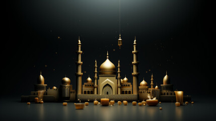 Fototapeta na wymiar Arabic Islamic calligraphy of golden text Eid Mubarak on abstract dark background.