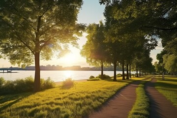 Golden Serenity: A Captivating Sundown Over the Riverside, Painting Nature's Canvas with Tranquility and Radiance