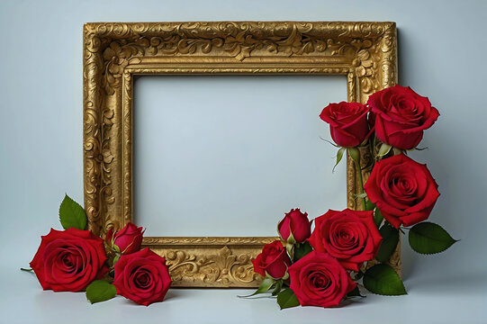Vintage Gold Color Frame with Rose Flower Accents and Copy Photo Space.