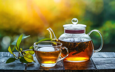 Herbal tea brewed in glass teapot and tea plant in in glasses