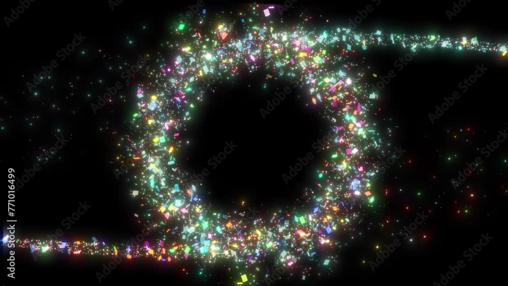 Poster magical glitter confetti trail create circle shape on black bg, glitter confetti trail on black back