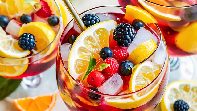 Fresh summer sangria cocktail with lemon and berries cold drink with orange spices and ice