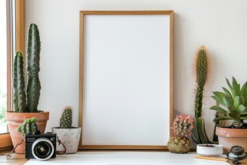 Frame Mockup, Blank Frame with Cacti and Vintage Camera - obrazy, fototapety, plakaty