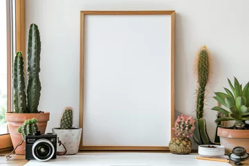 Rolgordijnen Frame Mockup, Blank Frame with Cacti and Vintage Camera © Orod