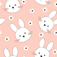 Cute bunny seamless pattern. Childish vector illustration on pink background. It can be used for wallpapers, wrapping, cards, patterns for clothing and others. - obrazy, fototapety, plakaty