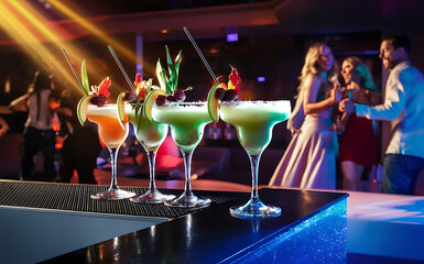 Four mai tai cocktails in a club on a bar counter - obrazy, fototapety, plakaty