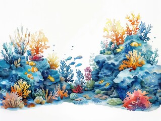 Obraz na płótnie Canvas Whimsical watercolor scene of a coral reef, with fish in summer blue tones, white background