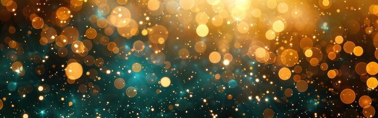 Golden New Year's Eve Party Background with Fireworks and Bokeh Lights on Dark Green Texture - Illustration Panorama - obrazy, fototapety, plakaty