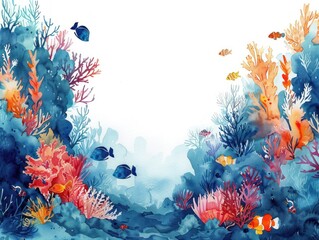 Fototapeta na wymiar Whimsical watercolor scene of a coral reef, with fish in summer blue tones, white background