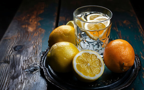 Healthy and delicous detox water made of lemons and oranges next to cutted fruits on dark vintage wooden background