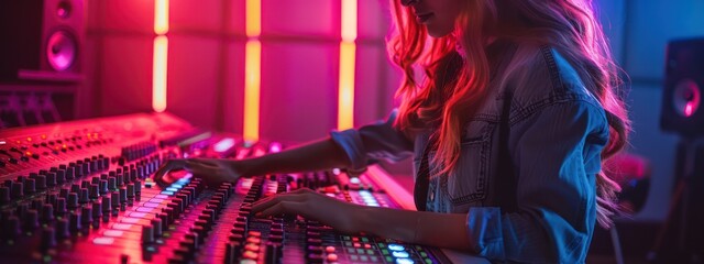  Professional female sound engineer adjusting audio mixer in a neon-lit studio, technology in music production, close-up shot