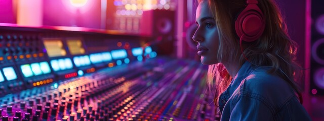 Fototapeta na wymiar The art of sound mixing by a woman engineer, in a neon-lit scene, seen in a revealing medium shot