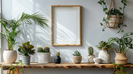 Modern Scandinavian Room Interior with Mockup Photo Frame, Plants in Hipster Pots and Floral Concept on White Walls and Bamboo Shelf