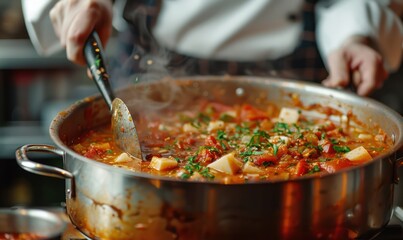 A chef stirring a pot of Italian minestrone soup