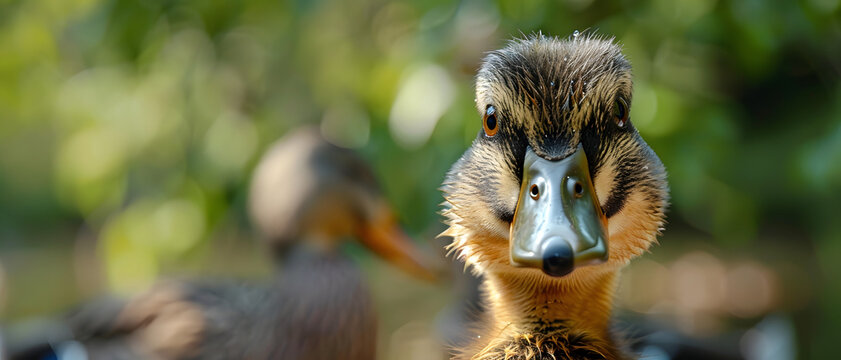 A striking image featuring a single duck staring with intent, showcasing intricate feather patterns and textures