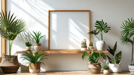 Modern Scandinavian Room Interior with Mockup Photo Frame, Plants in Hipster Pots and Floral...