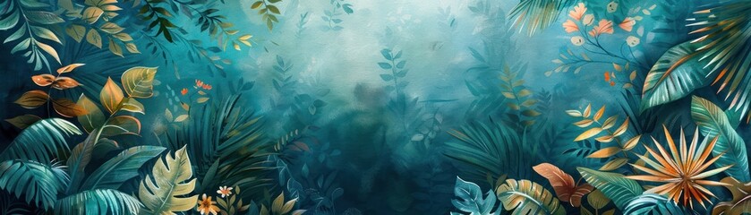Fototapeta na wymiar A lush watercolor depiction of a tropical jungle canopy, the variety of leaves set against a solid, deep teal background