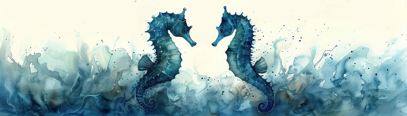 A pair of seahorses twirling in a dance, their forms blending into the watercolor background of cerulean and teal - obrazy, fototapety, plakaty
