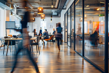 Blurred office with people working behind glass wall