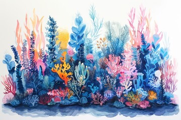 Fototapeta na wymiar An underwater garden of seaweed and coral, brushed in a spectrum of blues on white paper