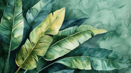 Close view of a watercolor banana leaf, hand-painted in lush summer greens