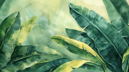Close view of a watercolor banana leaf, hand-painted in lush summer greens
