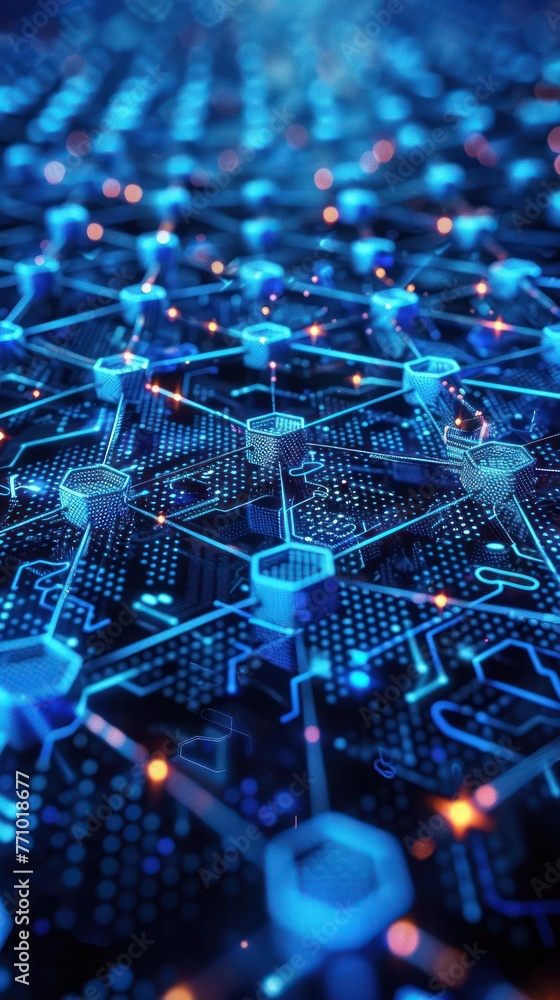 Aufkleber close-up of a glowing blue blockchain network diagram on a digital interface, showcasing rapid data 