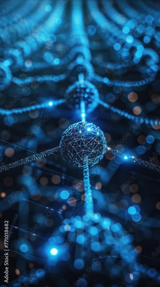 Aufkleber close-up of a glowing blue blockchain network diagram on a digital interface, showcasing rapid data 