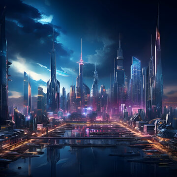 Futuristic city with skyscrapers and high rise buildings