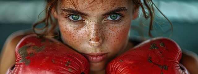 Close-up of a woman tying her boxing gloves, focus in her eyes - obrazy, fototapety, plakaty