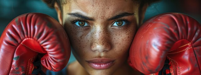 Close-up of a woman tying her boxing gloves, focus in her eyes - obrazy, fototapety, plakaty