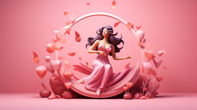 A 3d digital render of a young woman in pink at a party set up with balloons and flowers.
