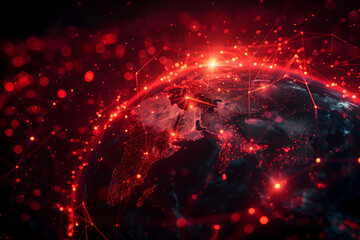 Connected. The globe covered in a network connecting the people. The connectivty is portrayed with a red neural network. 