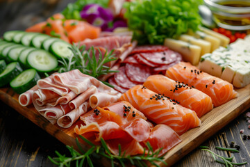 Delicious Lunch Plate, plate with different types of food, salmon and vegetables. 