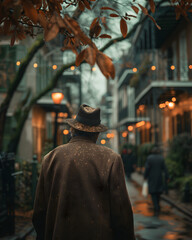 A man standing in the streets, man in the streets of a city, eerie and moody vibe.  