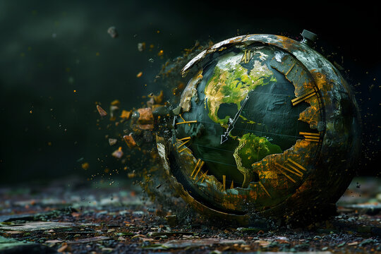 Earth portrayed as stuck inside a clock. Environment, green change. 