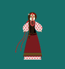 Motanka Ukrainian traditional handmade doll vector illustration for cards, banners, and posters. Bright drawing with a traditional doll. Motanka Doll wearing an embroidered costume