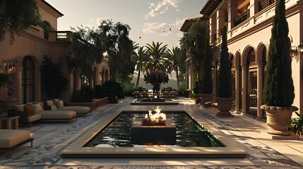 an image that conveys the ideal combination of opulence and relaxation in a high-end villa's outdoor environment, with a focus on the elegance emanating from the fire pit area