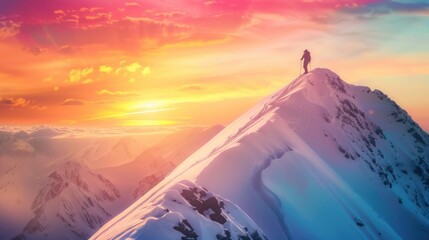 a man climbs to the top of a snowy mountain on a sunny morning.AI generated image
