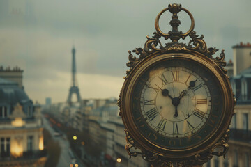 Golden clock face with Paris skyline and Eiffel Tower