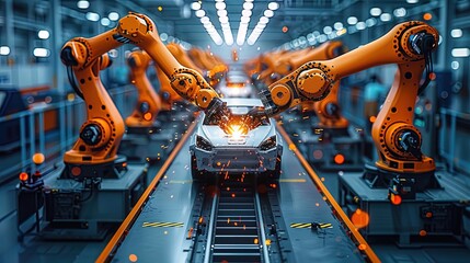 Detailed close-up of robotic arms assembling electric car components on the production line, - obrazy, fototapety, plakaty