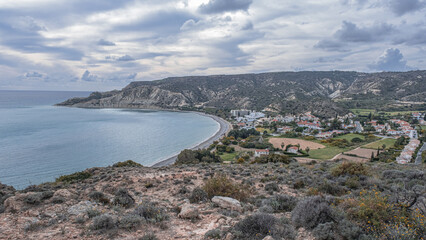 View of the stunning Pissouri Bay, the popular tourist resort of the village of Pissouri, as seen...