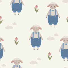 Seamless vector pattern with white sheep, cute kids background, vintage aesthetic