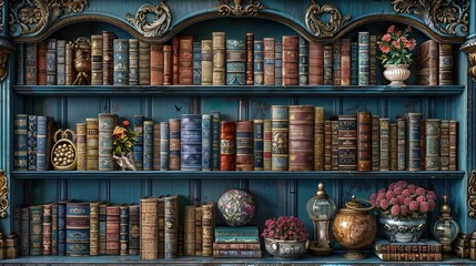 Close-up perspective of a whimsical bookshelf filled with fairy tales and fantasy novels, inspir